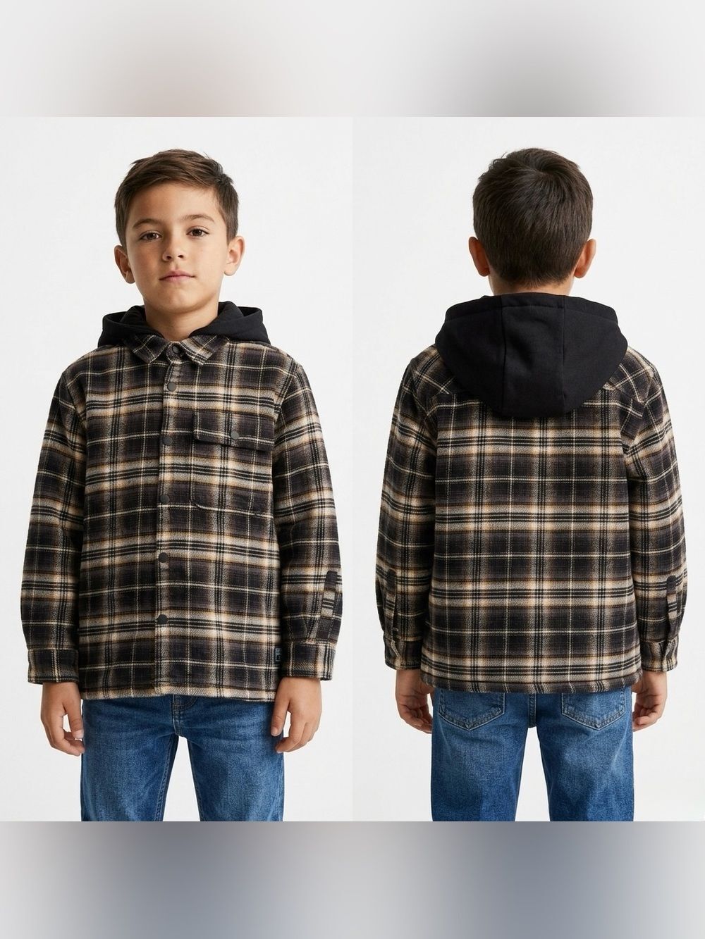 ZARA Youth Black & Tan Plaid Hooded Button-Down Hooded Shirt/Jacket Youth Size 8